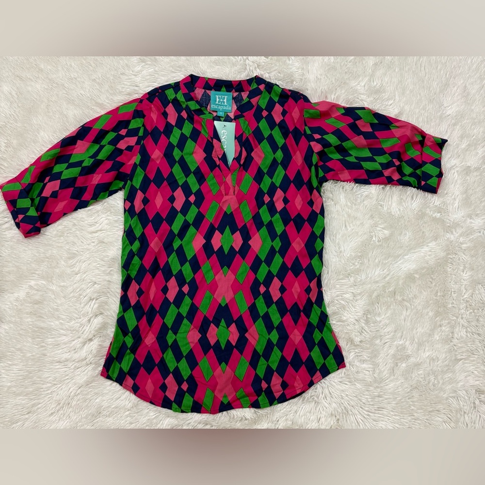 escapada Navy Tunic with Hot Pink and Kelly Green Diamond Print